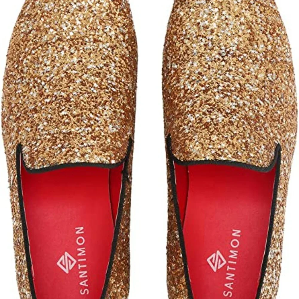 Santimon Men's US 9.5 - 12.5 Gold Sequins Glitter Smoking Loafers Dress Shoes  P